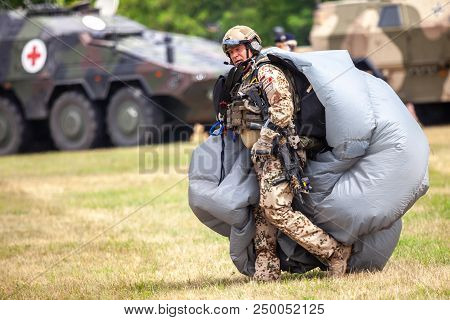Feldkirchen / Germany - June 9, 2018: Paratrooper From Bundeswehr, German Army Lands On An Open Day 