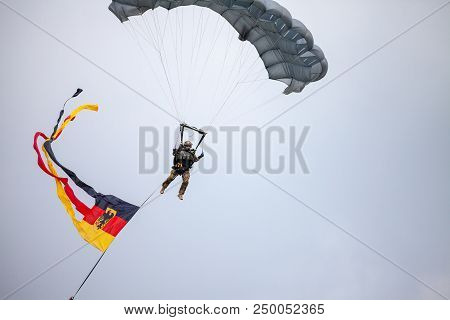 Feldkirchen / Germany - June 9, 2018: Paratrooper From Bundeswehr, German Army Lands On An Open Day 
