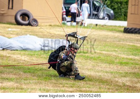 Feldkirchen / Germany - June 9, 2018: Paratrooper From Bundeswehr, German Army Lands On An Open Day 