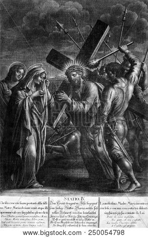 BLATO, CROATIA - MARCH 22: 4th Stations of the Cross, Jesus meets His Mother, Church of All Saints in Blato, Korcula island, Croatia, on March 22, 2017.