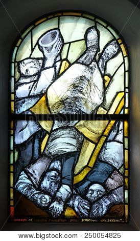 HUTTEN, GERMANY - JULY 04: Stained glass window by Sieger Koeder in chapel in Hinterbrand, Germany on July 04, 2017.