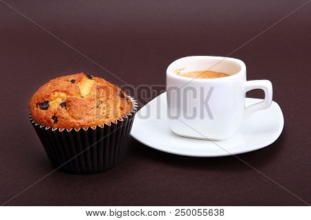 Classic Espresso In White Cup With Homemade Cake And Chocolate