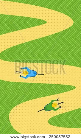 Two Men On Mountain Bikes. View From Above. Flat Design.