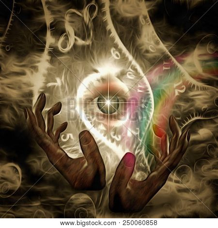 Surreal painting. Hands of a prayer, spirals of time and eye of God. 3D rendering