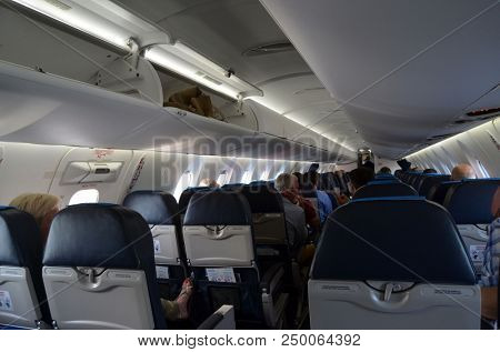 View in the passenger cabin of the Nordica liner during the flight Tallinn-Oslo. June 13,2018. Tallinn,Estonia