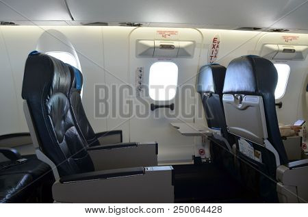 View in the passenger cabin of the Nordica liner during the flight Tallinn-Oslo. June 13,2018. Tallinn,Estonia