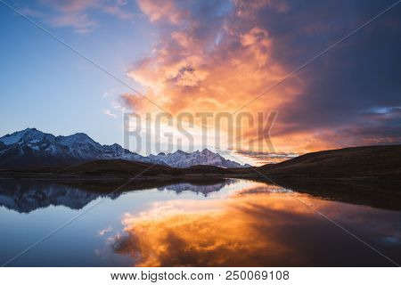 Mountain Lake. Beautiful sunrise. Morning landscape.  Koruldi Lake. Main Caucasian ridge. Zemo Svaneti, Georgia 