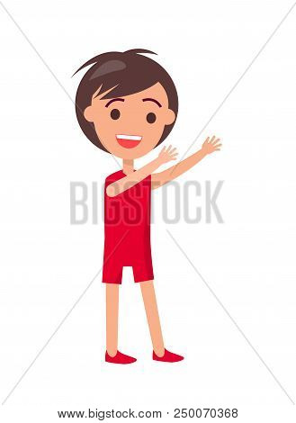 Boy With Medium Length Hair Wearing Red T-shirt And Shorts Raises Hands Up Isolated Vector Illustrat