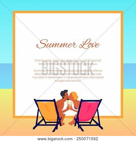 Summer Love Poster With Pace For Text And Suntanned Couple In Swimwear Sitting On Recliners With Tas