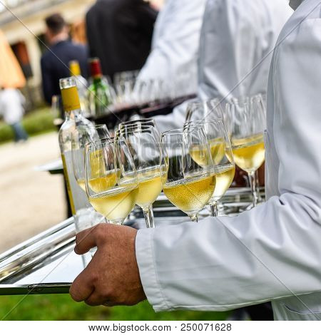 Professional Waiter In Uniform Is Serving Wine