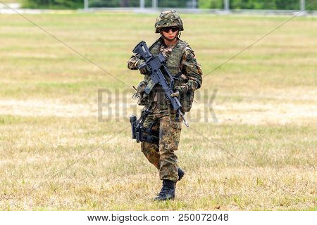Feldkirchen / Germany - June 9, 2018: German Soldier On An Exercise At Open Day On Day Of The Bundes