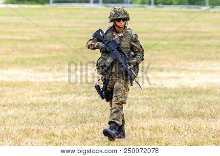 Feldkirchen / Germany - June 9, 2018: German Soldier On An Exercise At Open Day On Day Of The Bundes