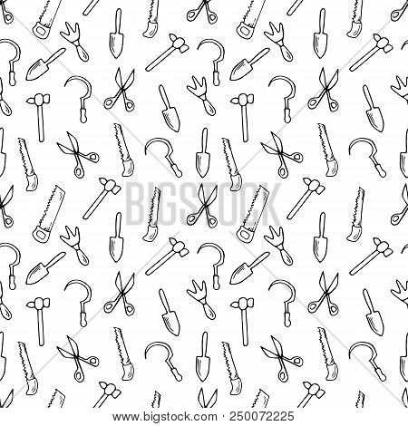 Garden Tools Collection. Seamless Pattern. Cartoon Style.
