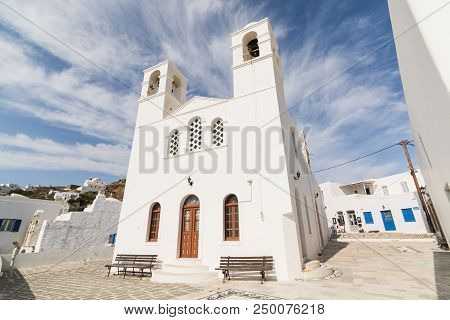 Milos, Greece - May 2018: Korfiatissa Church In Plaka Old Village On Milos, Cyclades Islands, Greece