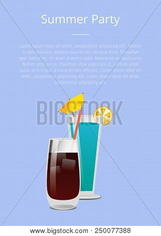 Summer Party Drinks Promo Poster With Cocktail Made Of Vodka And Cola And Blue Lagoon With Lemon Vec