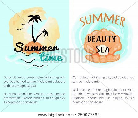 Summer Time Beauty With Open Seashell With Pearl And Tropical Island Lost In Blue Sea With Palm Tree