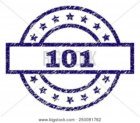 101 Stamp Seal Watermark With Distress Texture. Designed With Rectangle, Circles And Stars. Blue Vec