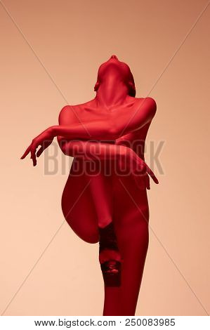 The Fashion Art Photo Of Elegant Nude Model In The Light Colored Spotlights. Female Figure In Lights
