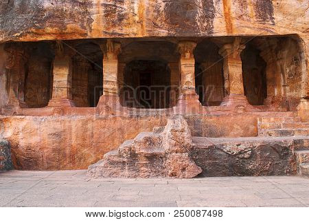 Cave 4 : Facade In Badami Caves Badami Karnataka India