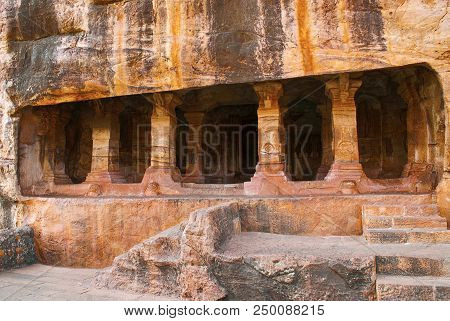 Cave 4 : Facade In Badami Caves Badami Karnataka India