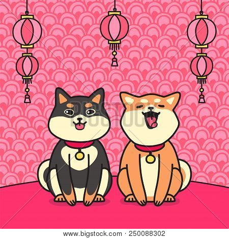 Cute Sitting Two Shiba Inu Dogs (with Tongue Outside) And Flashlights At The Ornament Background Vec