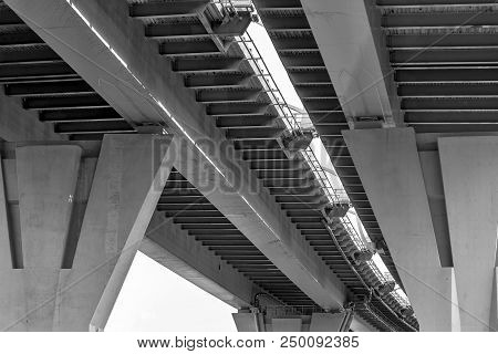 Part Of An Engineering Construction Or Structure Of The Big Automobile Bridge Or Viaduct With A Rein