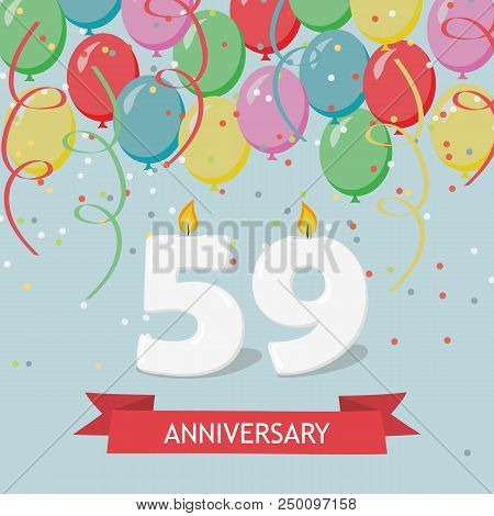 59 Years Selebration. Happy Birthday Greeting Card With Candles, Confetti And Balloons.