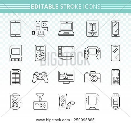 Device Thin Line Icons Set. Outline Web Sign Kit Of Gadget. Electronics Linear Icon Collection Inclu