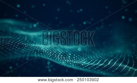 Data Technology Illustration. Abstract Futuristic Background. Wave With Connecting Dots And Lines On