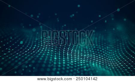 Data Technology Illustration. Abstract Futuristic Background. Wave With Connecting Dots And Lines On