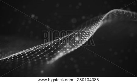 Data Technology Illustration. Abstract Futuristic Background. Wave With Connecting Dots And Lines On