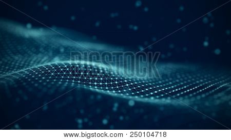 Data Technology Illustration. Abstract Futuristic Background. Wave With Connecting Dots And Lines On