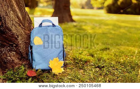 Close Up Of Blue School Bag Staying Outdoors Under The Tree