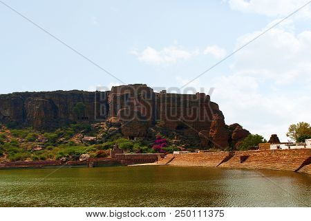 View Of Agastya Lake And Badami Caves, Badami, Karnataka, India