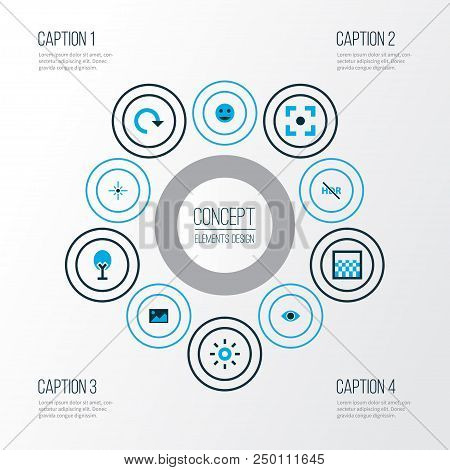 Photo Icons Colored Set With Image, Gradient, High Dynamic Range And Other Sparkle Elements. Isolate