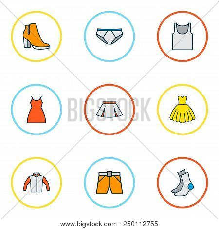 Garment Icons Colored Line Set With Gown, Cardigan, Singlet And Other Female Boots Elements. Isolate