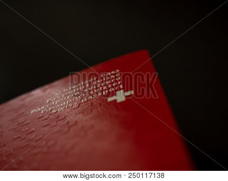 Swiss Passport Close Up On Black Background Isolated Switzerland Citizenship