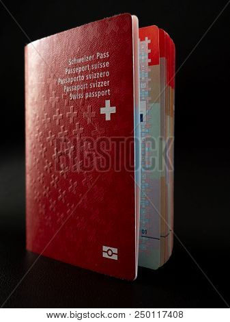 Swiss Passport Close Up On Black Background Isolated Switzerland Citizenship