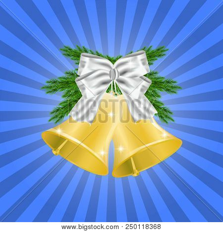 Fir Brances And Golden Christmas Bell With Red Ribbon And Bow. Christmas Decoration. Vector Illustra