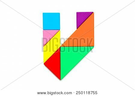 Color Tangram Puzzle In English Alphabet V Shape On White Background