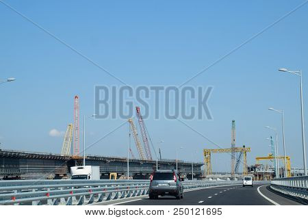 Crimean Bridge, Taman, Russia - July 9, 2018: Driving Along The Crimean Bridge. A Grandiose Building