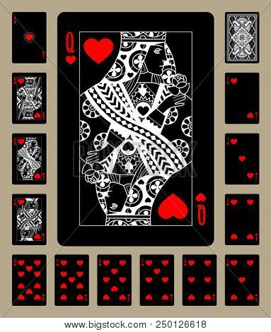 Black playing cards of Hearts suit with white linear drawing. Original design.