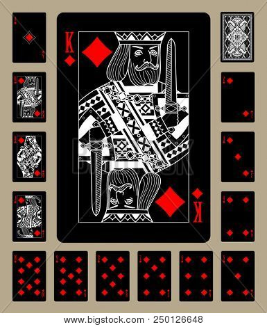 Black playing cards of Diamonds suit with white linear drawing. Original design