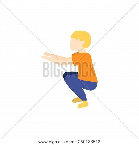 Vector Flat Young Kid Boy, Man In Athletic Clothing Doing Squat, Quadriceps Muscle Workout Exercises