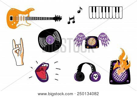Rock Music Attributes Symbols Icon Set. Alternative, Metal Hard Rock Or Instrumental Music Element. 