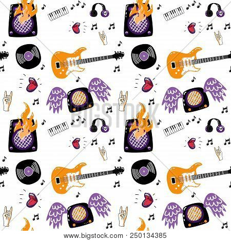 Rock Music Attributes Seamless Pattern. Alternative, Metal Hard Rock Or Instrumental Music Element. 