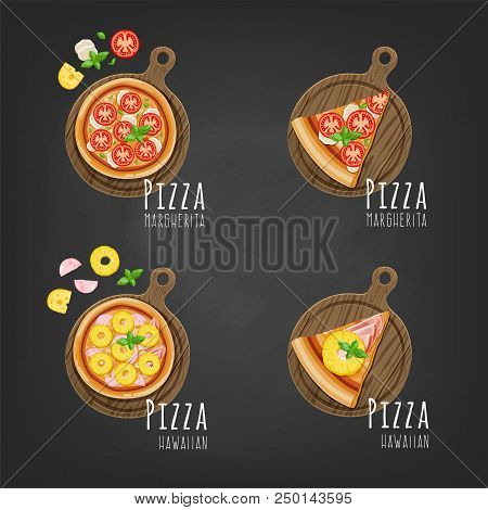 Whole Pizza With Ingredients And Slice. Vector Illustration.