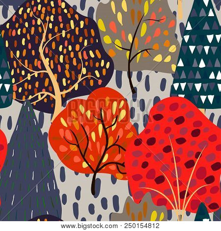 Seamless Background With Stylized Autumn Trees. Forest Bright Pattern. Vector Illustration.