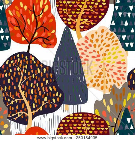 Seamless Background With Stylized Autumn Trees. Forest Bright Pattern. Vector Illustration.