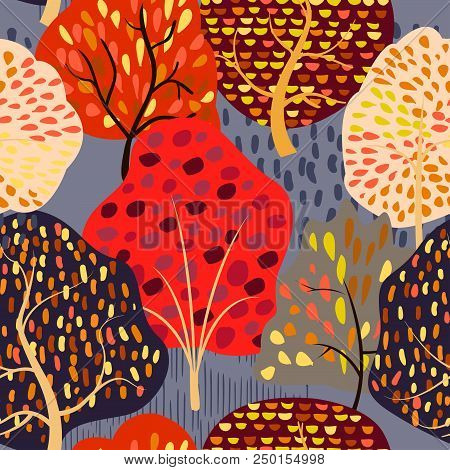Seamless Background With Stylized Autumn Trees. Forest Bright Pattern. Vector Illustration.